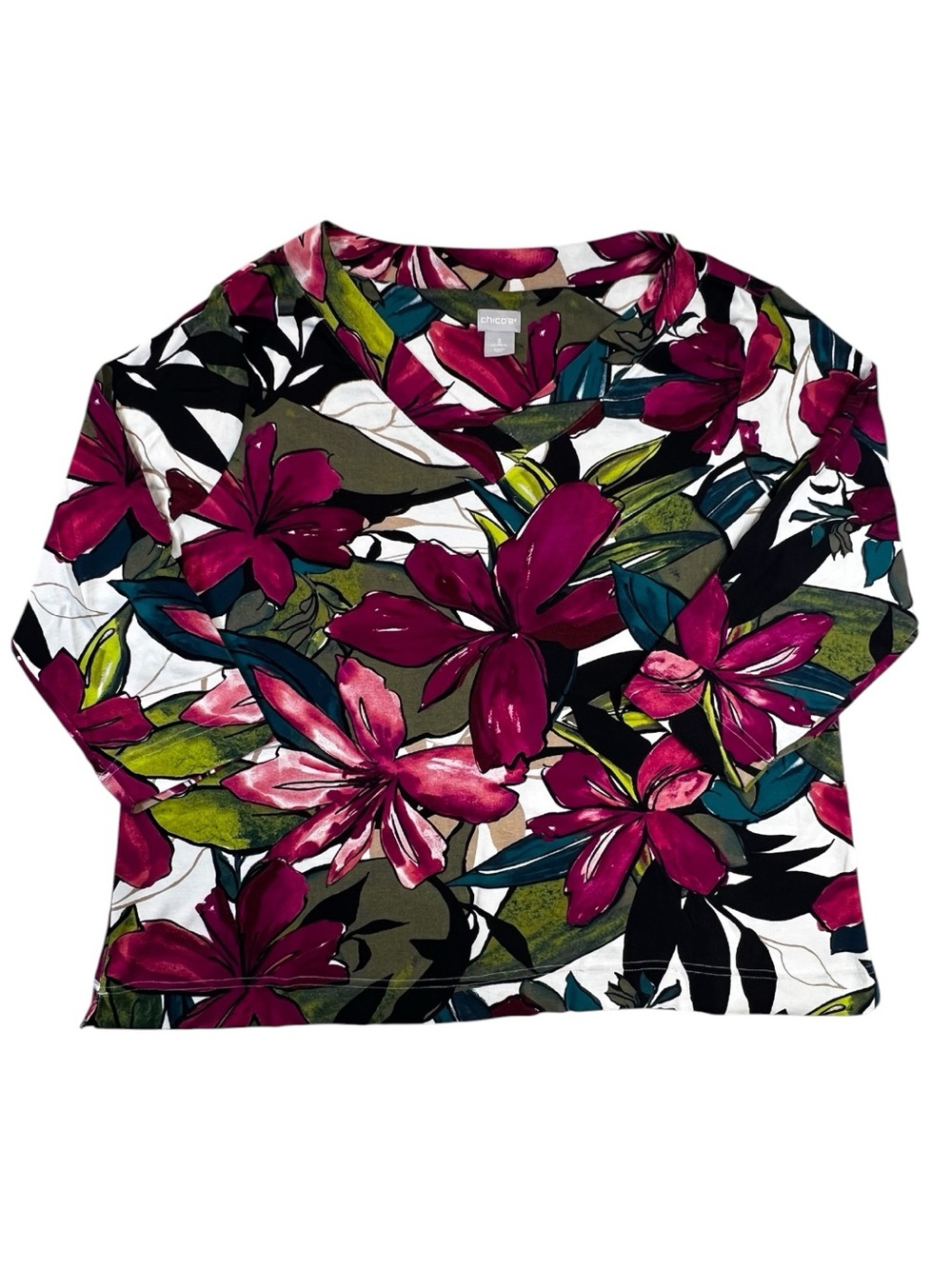 Chico’s Tropical Floral Pima Cotton Top Size 3 XL Boho Resort 3/4 Sleeve